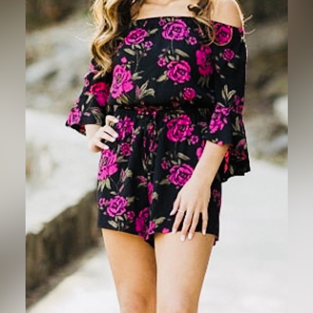 Express Black and Pink Floral Mini Dressy Romper